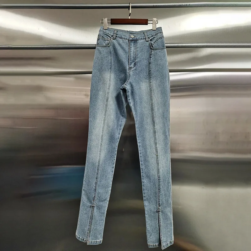 Hksh primavera outono novas mulheres jeans fino ajuste divisão angustiado lavado denim retro high street elegante moda lápis calças hk17858