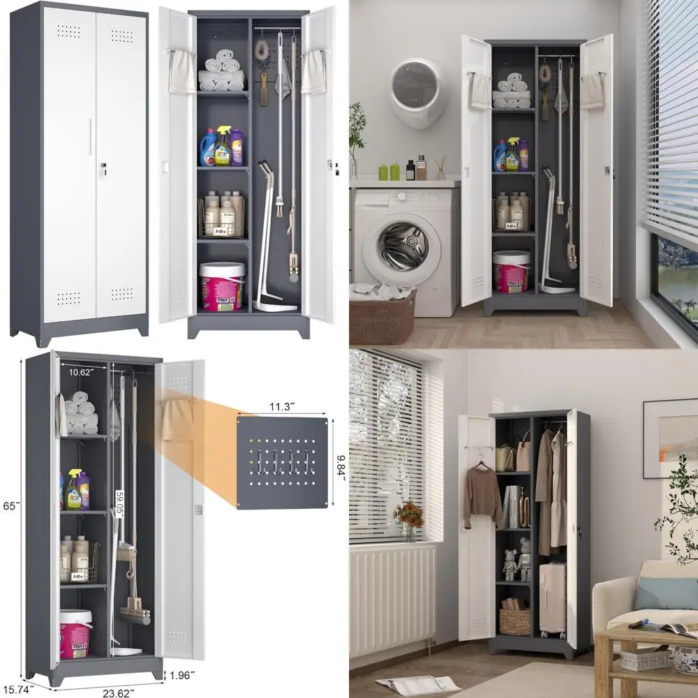 Tall Metal Cleaning Tool Storage Cabinet with Pegboard and Hanging Rod for Broom Closet Organization