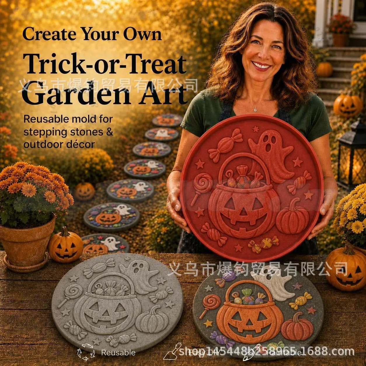 Halloween Garden Stepping Stone Mold Reusable Silicone Concrete Mould DIY Yard Path Ornament Pumpkin Ghost  Witch Skull Pattern