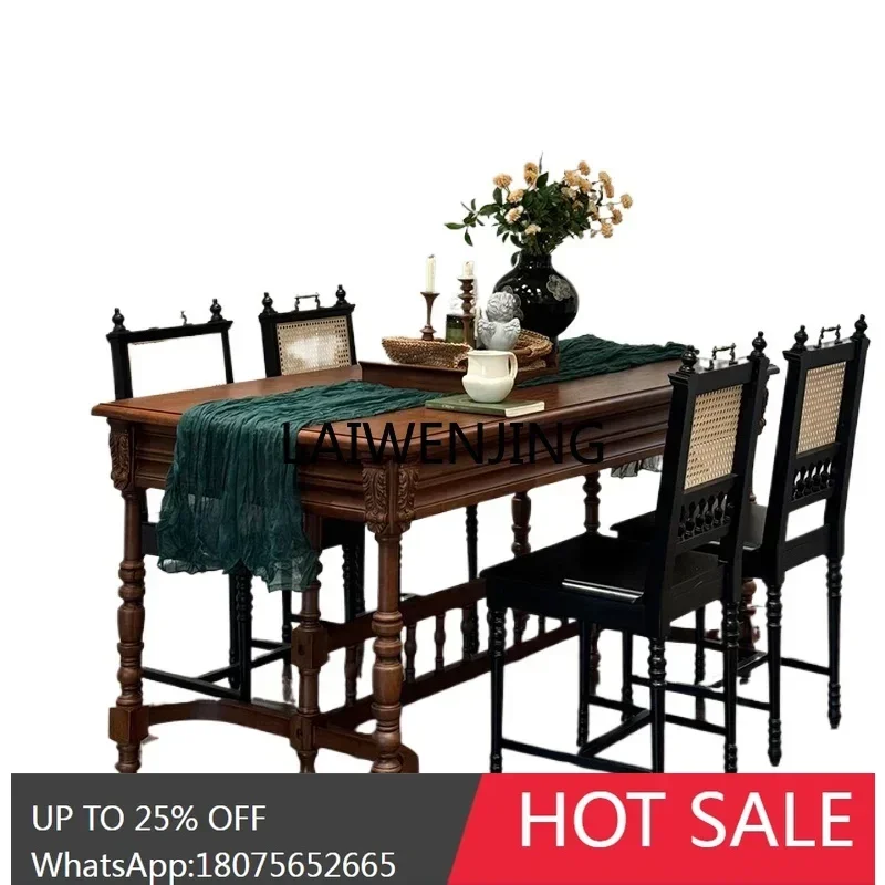 T9-French retro solid wood dining table carved knight rectangular dining table