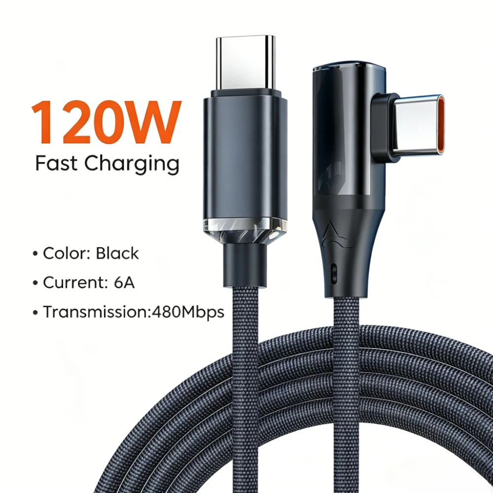 90 Degree Elbow 120W Type C to Type C Charger Cable USB C Fast Charging Cable For iPhone Samsung Xiaomi Huawei Quick Charge Cord