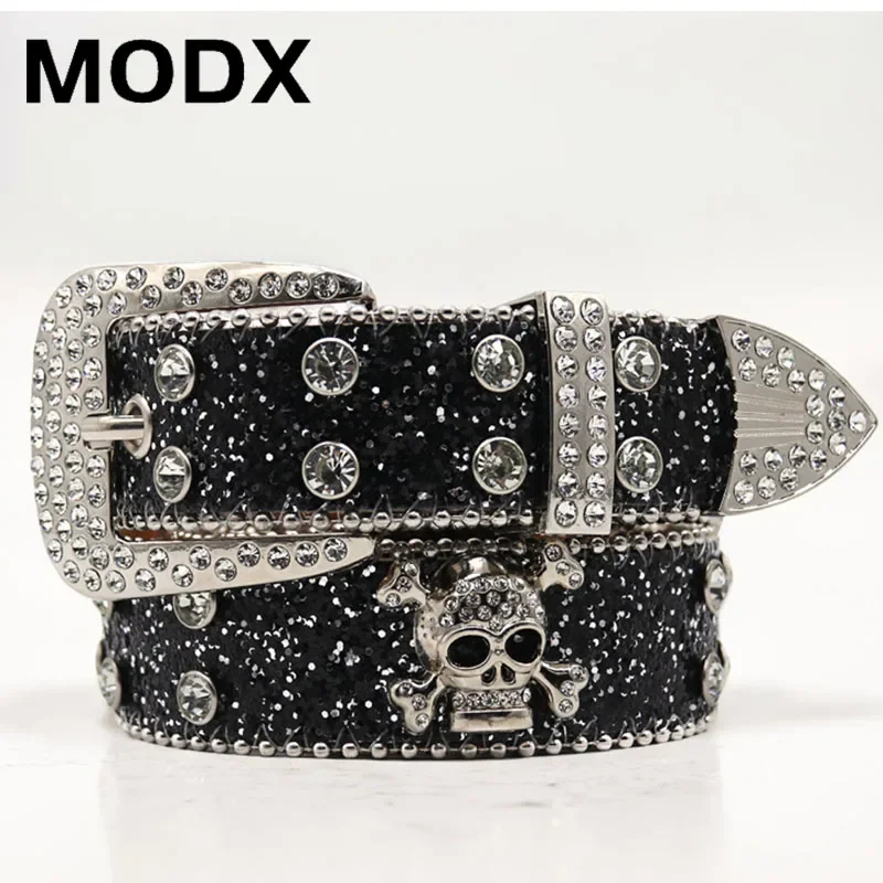 

Skull Rivet Rhinestone Bb Belts Trendy Solid Color Sparkling PU Leather Belt Cowboy Cowgirl Jeans Pants Belt For Women Girls