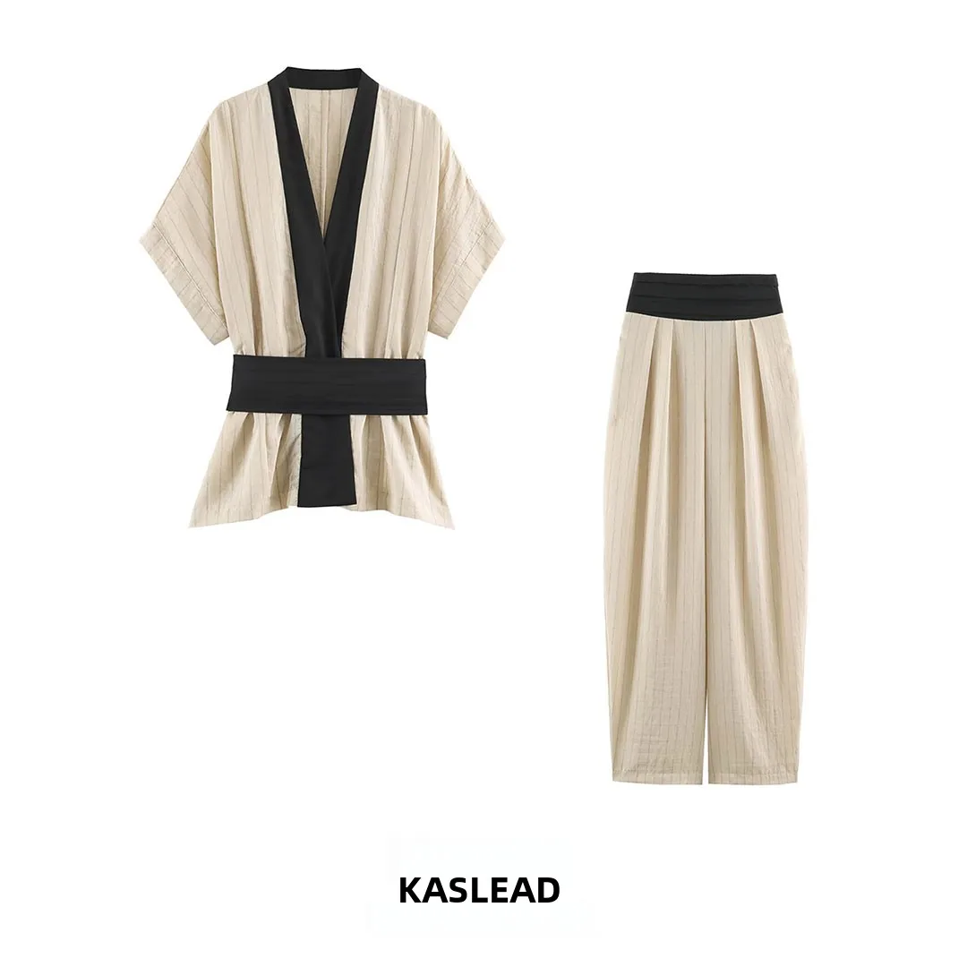KASLEAD Women's Fashion Striped Cross Shirt Belted Pants Two-Piece Set Summer Season Midi Length Short Sleeve Shirt