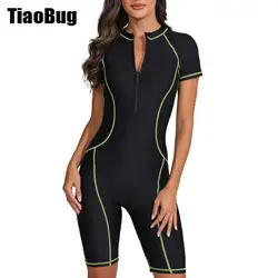 Women One-piece Boyleg Athletic Swimsuit Short Sleeve Color Contrast Padded Front Zipper Swimwear Beach Surfing Suit Rash Guard