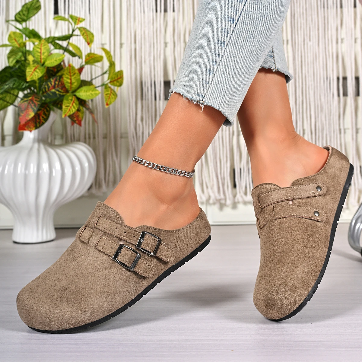 Zuecos de Moda Verano 2026 para Mujer, Clásicos de Corcho y Ante, Pantuflas Planas para Exteriores y Relajación, Modelo 65471