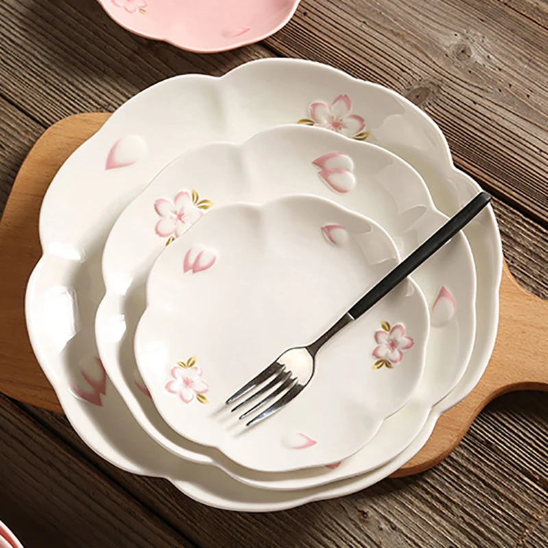 Ceramic Plate Hand Painted Embossed Cherry Blossoms Home Dining Plate For Food Steak Fruit Dessert Disc Kitchen Tableware