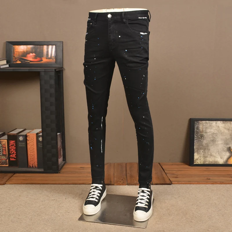 High Street Fashion Men Jeans Black Stretch Skinny Fit Ripped Jeans Men Painted Designer Hip Hop Denim Pencil Pants Hombre