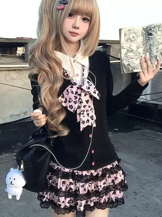 Pink Leopard Print Uniform Two-Piece Set Women's Sweet Subculture Girl Sakura Sister Autumn Winter Fashion School Uniform Set