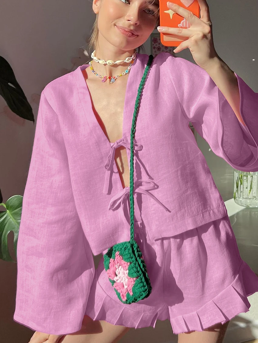 Marthaqiqi Loose Women Nightwear Set V-Neck Pajamas Lace Up Sleepwear Long Sleeve Nightgowns Shorts Casual Nightie 2 Piece Suits