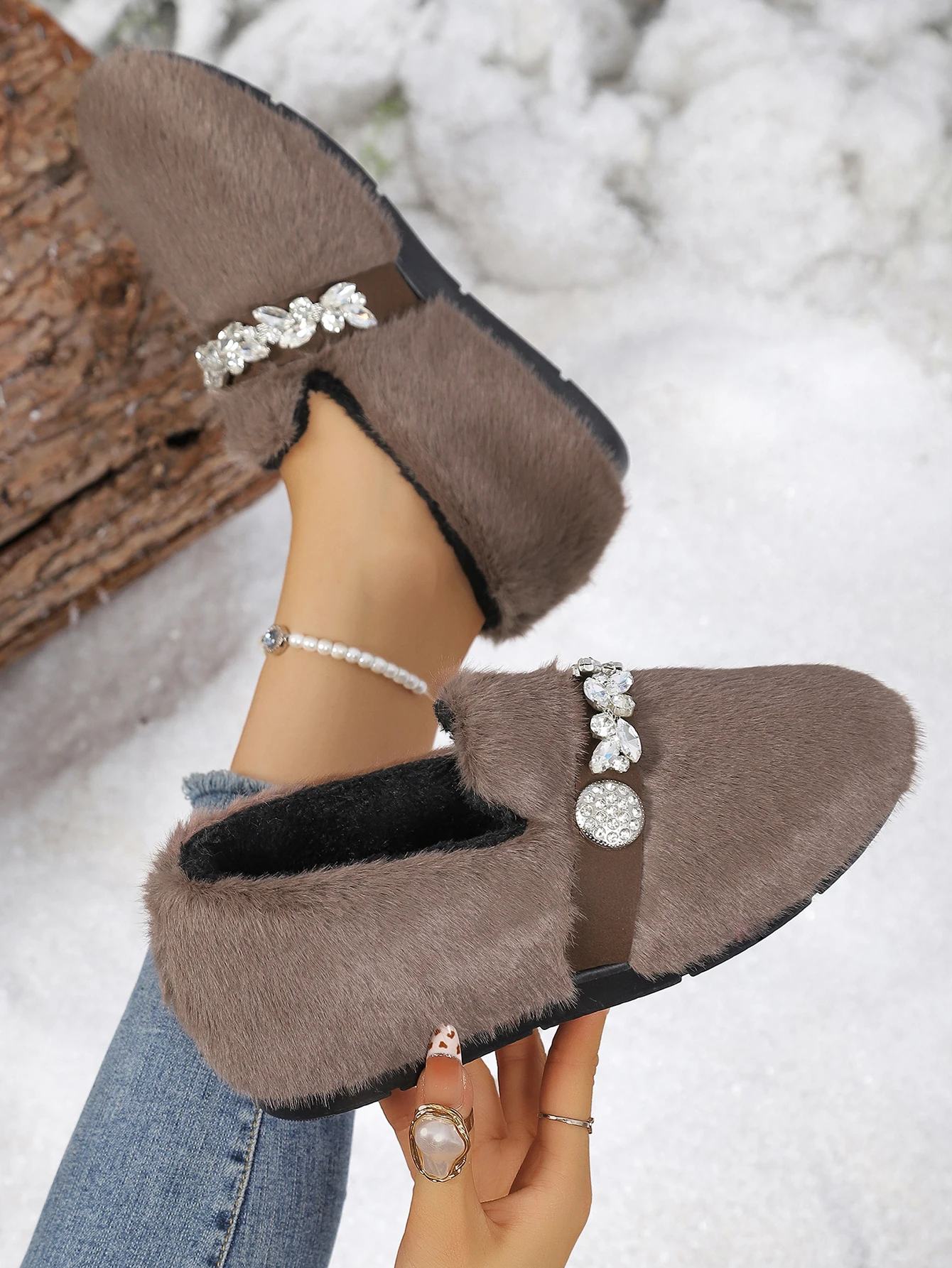 Damenstiefel, Pelzstiefel, Winterstiefel, flauschig, mit Strassverzierung, zum Hineinschlüpfen, warm, mit Fleece gefüttert, weiche Sohle, lässige Outdoor-Damenschuhe – Detail 4