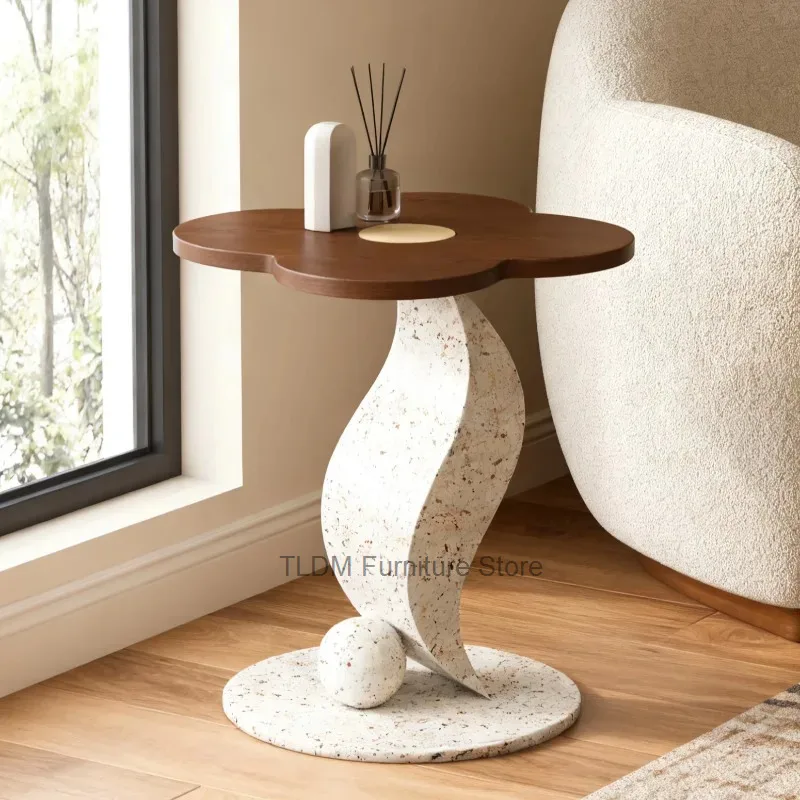 Modern Artistic Side Table with Flower-Shaped Wood Top and Sculptural Terrazzo Base, Abstract Twisted End Table for Living Room