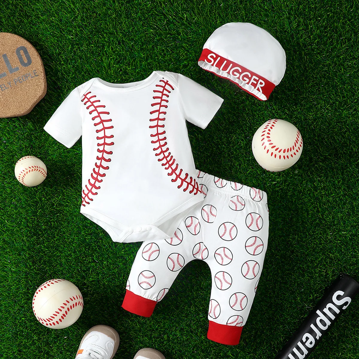 

Baby boy casual short sleeved sports baseball printed jumpsuit and baseball printed pants (including hat) summer
