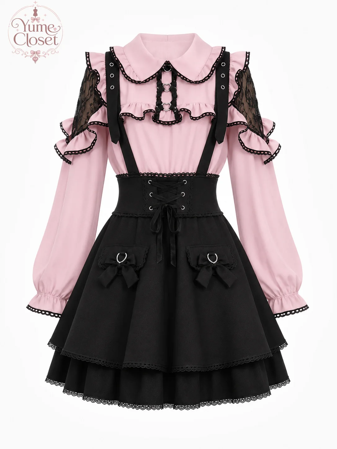 Jirai Kei Gothic Kawaii Japanese Subculture 2pcs Set Women Bow Lace Ruffle Trim Heart Suspender Skirt Casual Daily Harajuku Fash