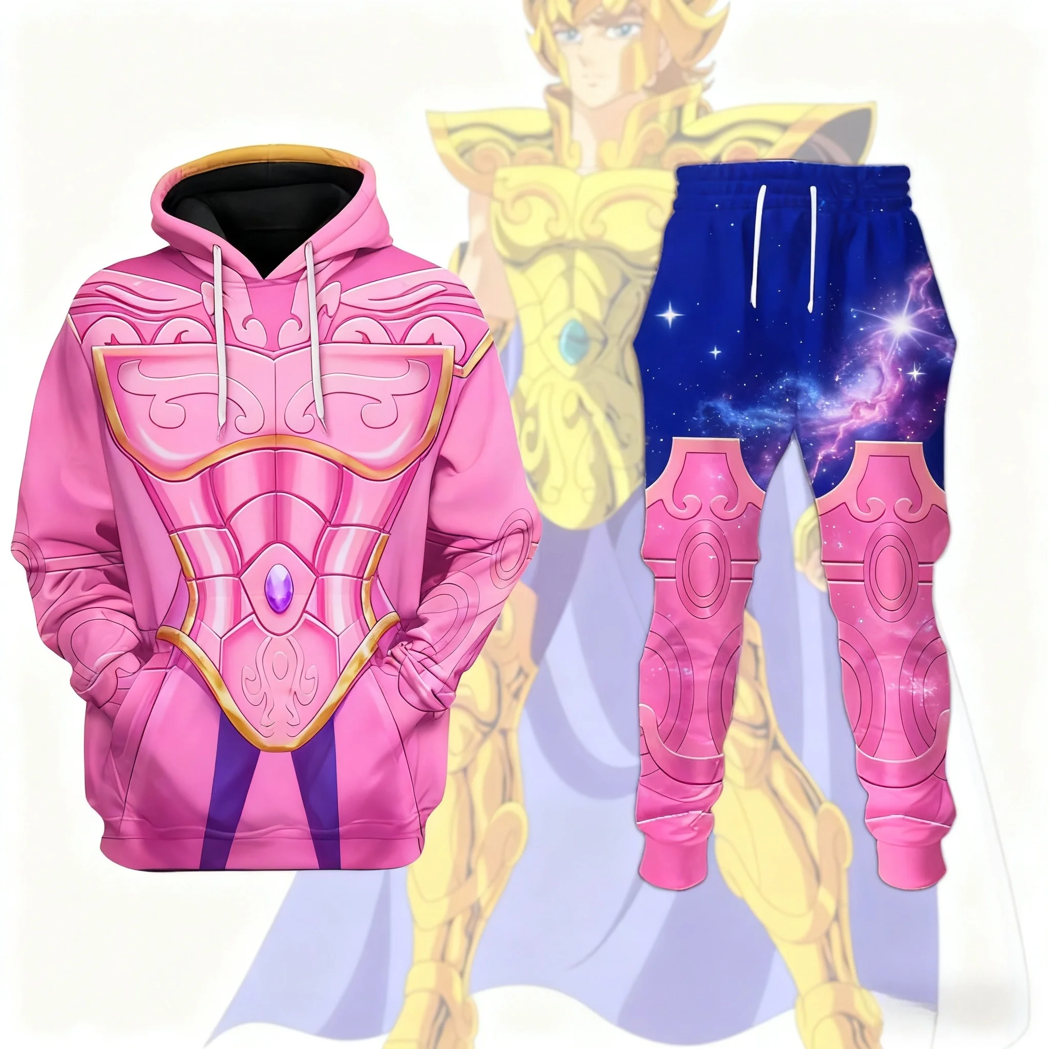 Cosplay anime saint seiya impressão hoodies calças conjuntos 3d rua harajuku conjuntos de treino esportes masculinos ternos de corrida de duas peças