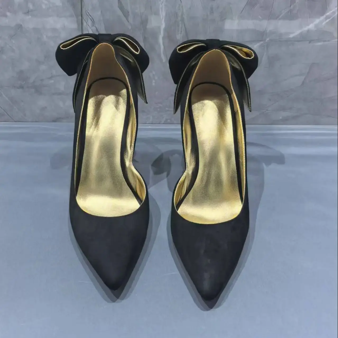 Givencci Black Leather Women Pumps Back Butterfly-Knot Single Shoes Pointed Toe Red Sole Zapatos Mujer High Heels Office Lady