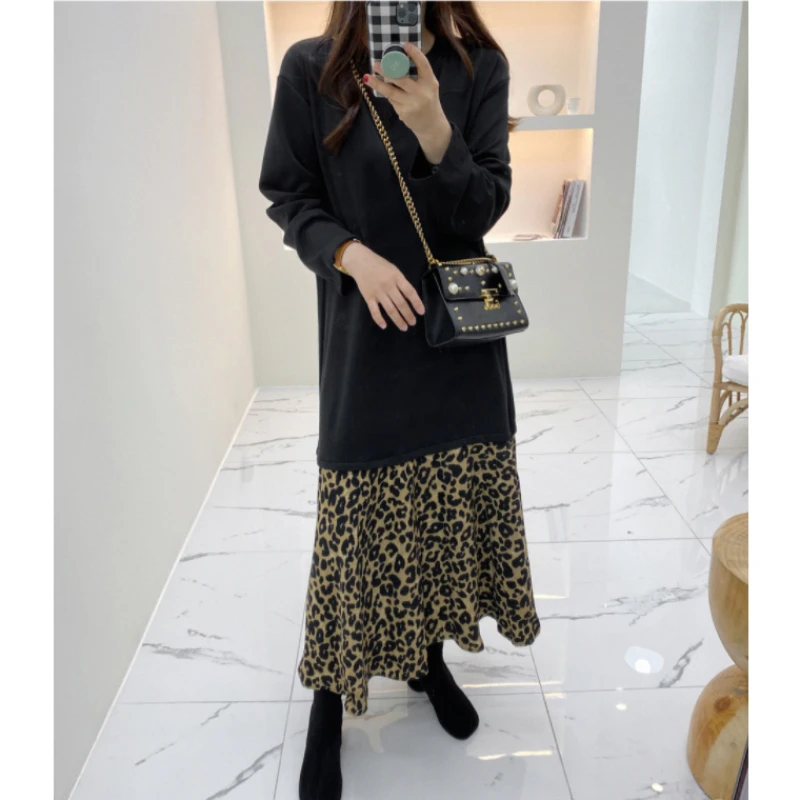 Herbst Winter Frauen T-Shirts Kleider plus Größe 5xl koreanische Mode Dame Vestido gestrickt dicke Patchwork Leopard Robe ke3023