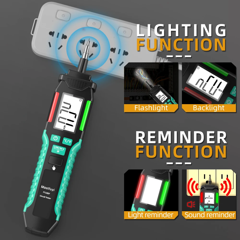 MASTFUYI 18DF Testador Portátil de Tensão Sem Contacto 12-300V Medidor 3-em-1 de Tempo/Umidade Ferramenta de Segurança Doméstica e Industrial com Alarme LED