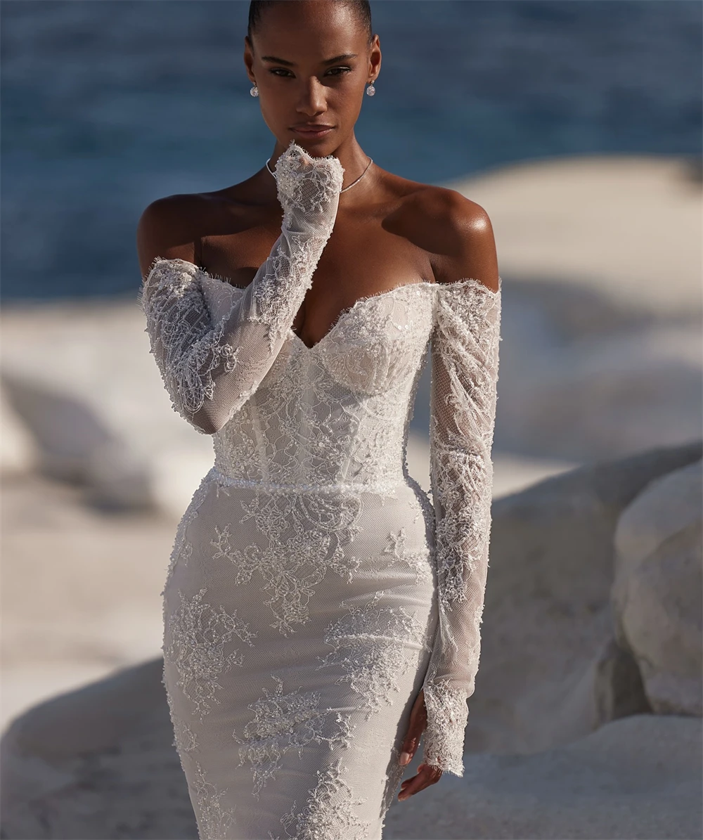 

Customized Boho White Lace Wedding Dress Formal Sweetheart Long Sleeves Bridal Gowns Soft Mermaid Court Train Vestido De Novia