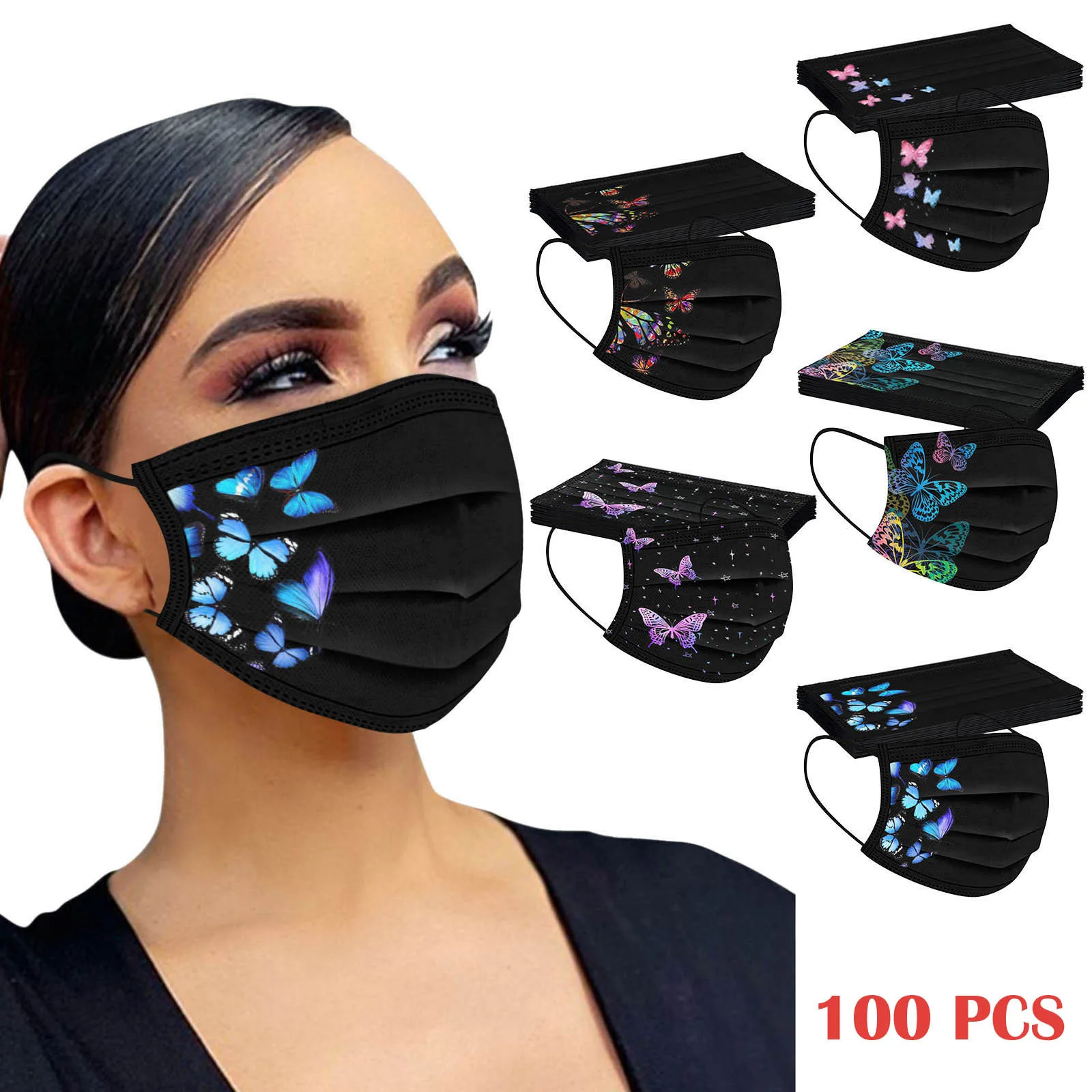 Einweg-Gesichtsmaske 100 Stück, 3-lagiges Ohrschlaufen-Design für erwachsene Männer und Frauen, Verwendung mit bunten Drucken
