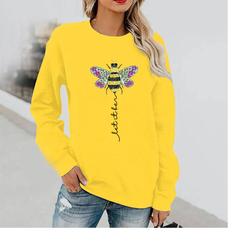 Bee Fun Print Long Sleeve Hoodless Crewneck Hoodie Lady Sweatshirt Streetwear Women Sweatshirts Clothes