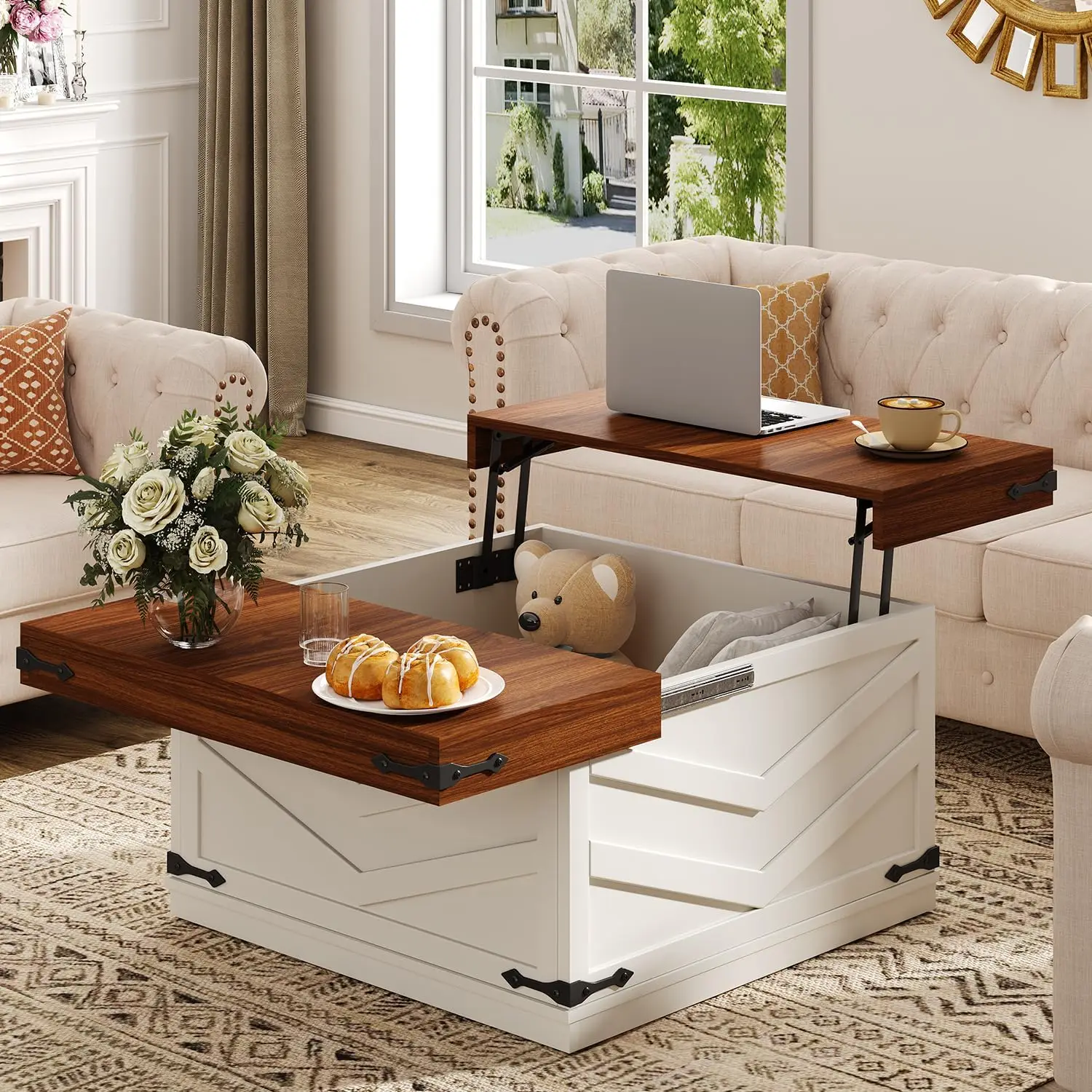 

31.5'' Lift Top Square Coffee Table (White) - Multi-Functional FarmhouseStylewithLargeHiddenStorageSliding