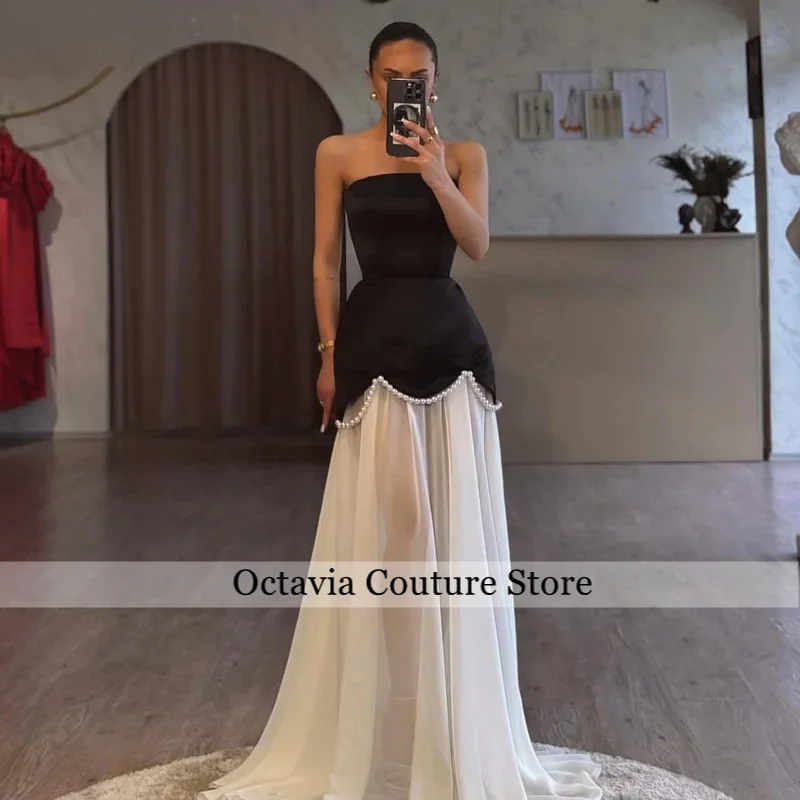 A Line Satin Chiffon Prom Dresses Customized Women Formal Occasion Gown Pearls Strapless Arabia Evening Party Dress
