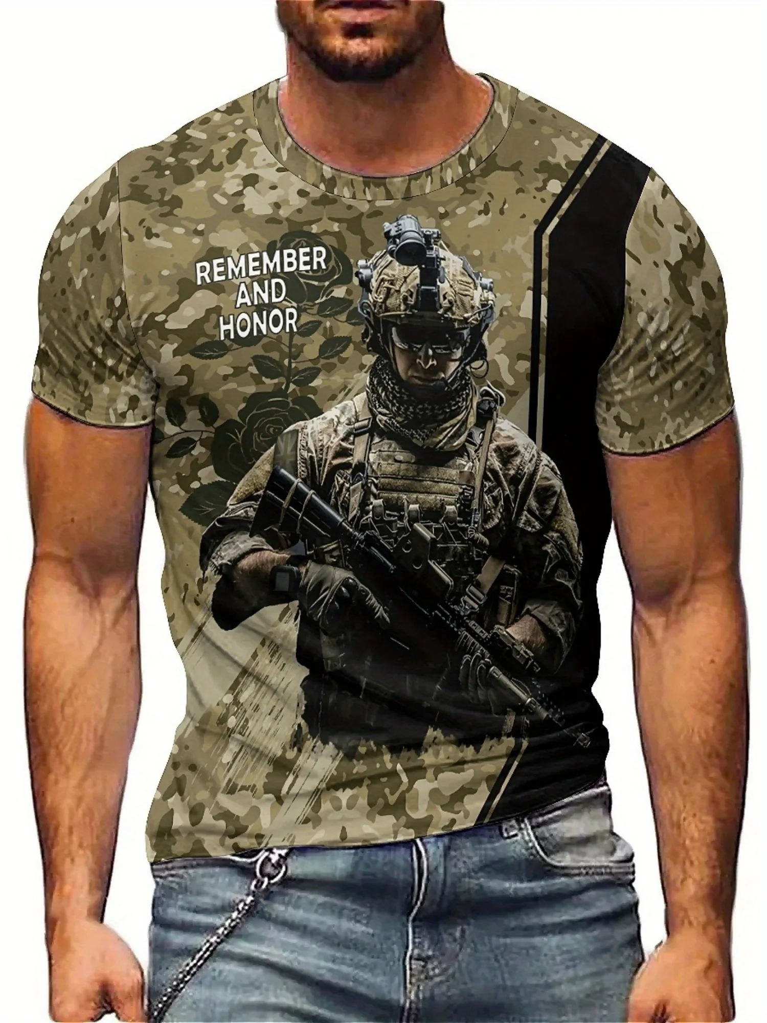 

Men'S Patriotic Military-Inspired 3D Print T-Shirt - Soft Polyester, Breathable & Lightweight, Casual Crew Neck Tee