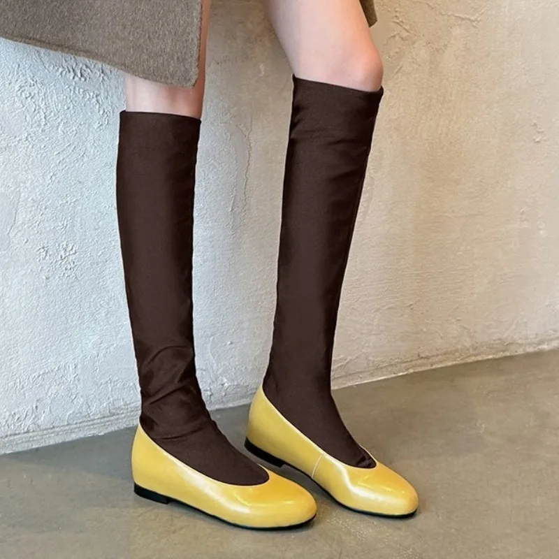 

Fashion Brand Round Toe Knee High Boots Women Autumn Winter Flat Long Boots Female Modern Designer Elastic Socks Boots Women