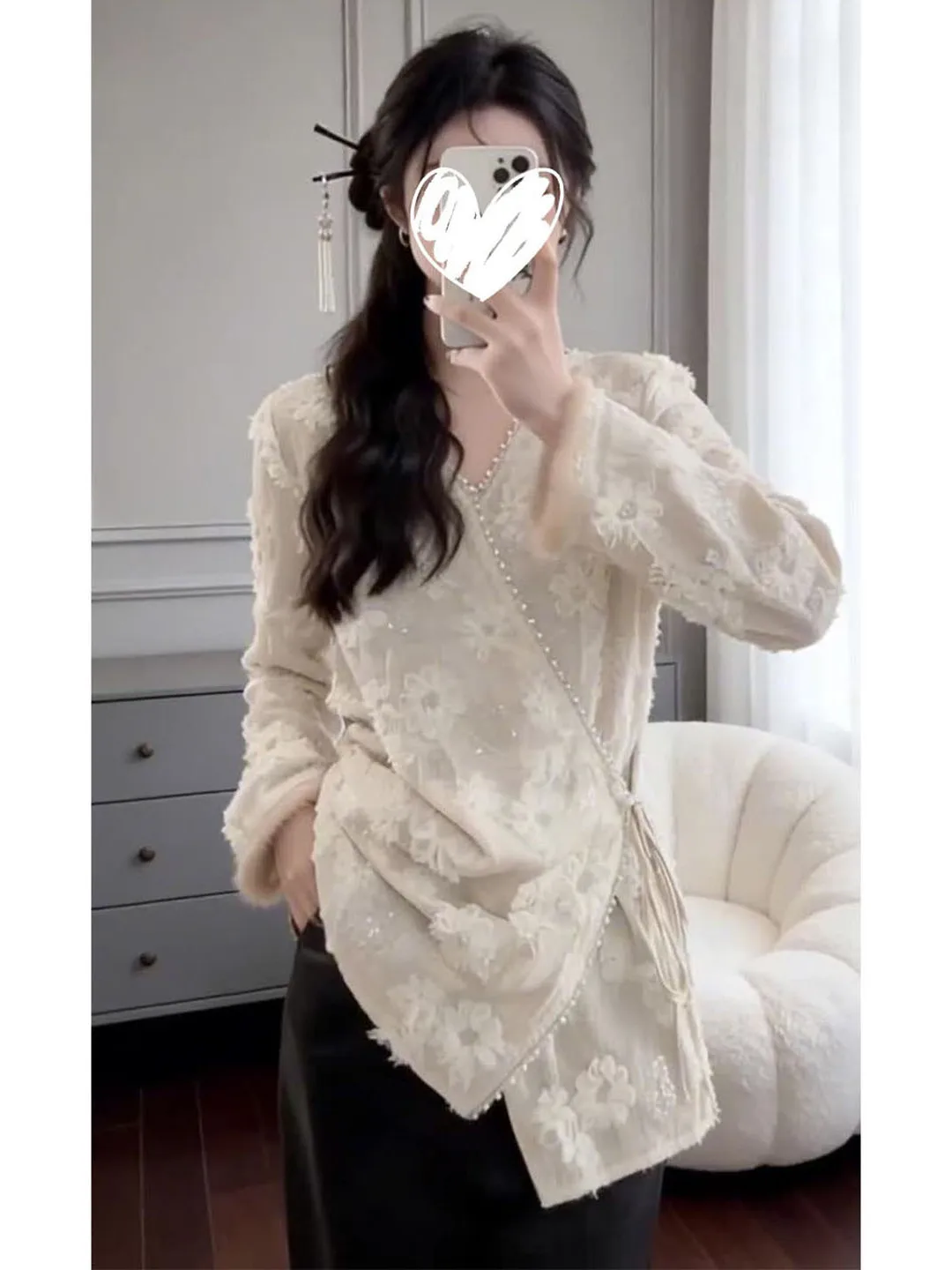 

Элегантная женская блузка с длинным рукавом и кружевом, свободного кроя, для ношения под одеждой, осенне-зимняя, новый дизайн, с пайетками и завязками по бокам, в женственном стиле