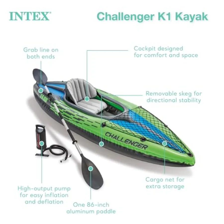 1-person sporty kayak for recreational use, durable vinyl, blue, streamlined design with inflatable seat and backrest, includes
