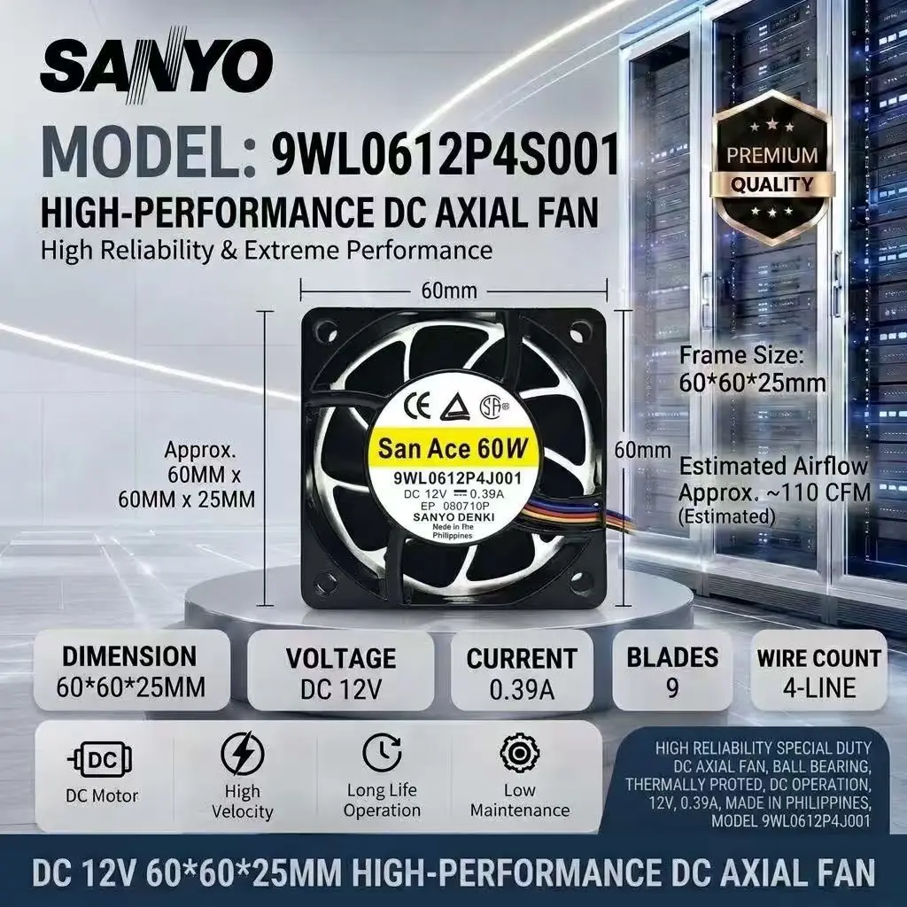 For San Ace SANYO 9WL0612P4J001 DC 12V 0.39A 60x60x25mm IP68 Waterproof Dual Ball Bearing 4-Wire PWM Server Cabinet Axial Fan
