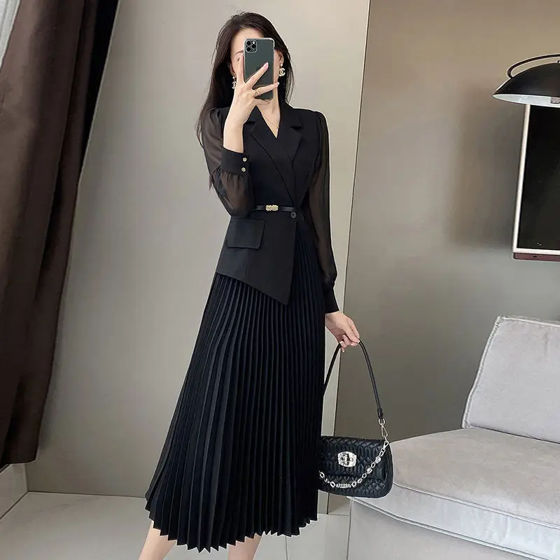 Women\'s Korean Fashion Blazer Patchwork Design Long Sleeve Dresses Office Lady Elegant High Waist Black Slim Pleated Midi Dress