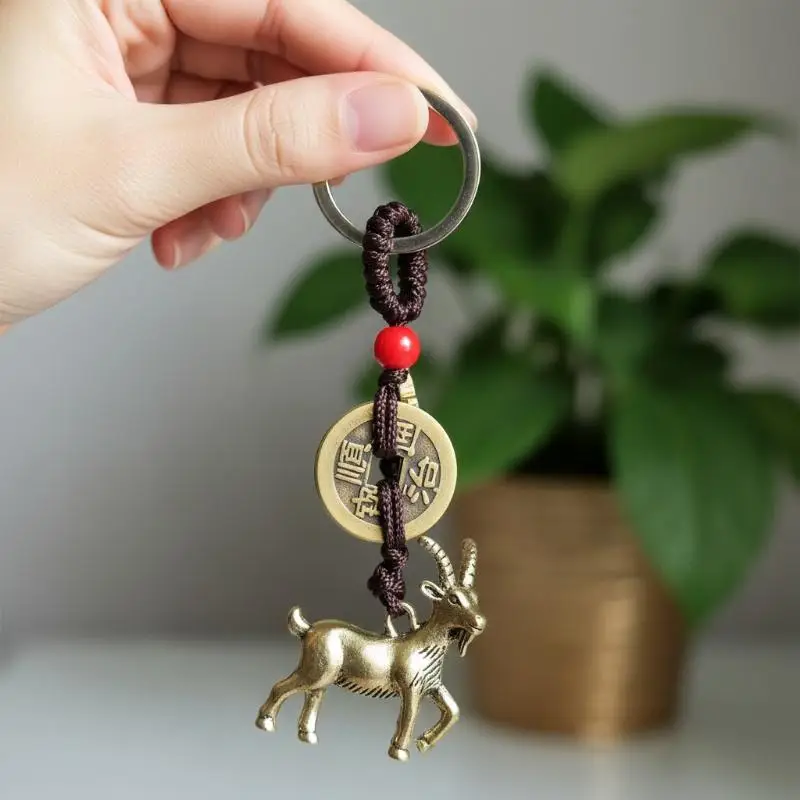 Brass+Alloy Chinese Zodiac Keychain With Lucky Feng Shui Copper Coins Handwoven Lanyard For Daily Use Gift Car Key Decor