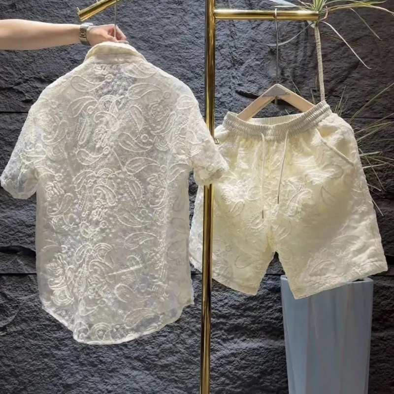 2025 New Hollow Mesh 2pcs Set For Men's Light Luxury Leisure Fashion Blouse Trend Embroidered Shirt Shorts Unisex Two Piece Set - Image 2