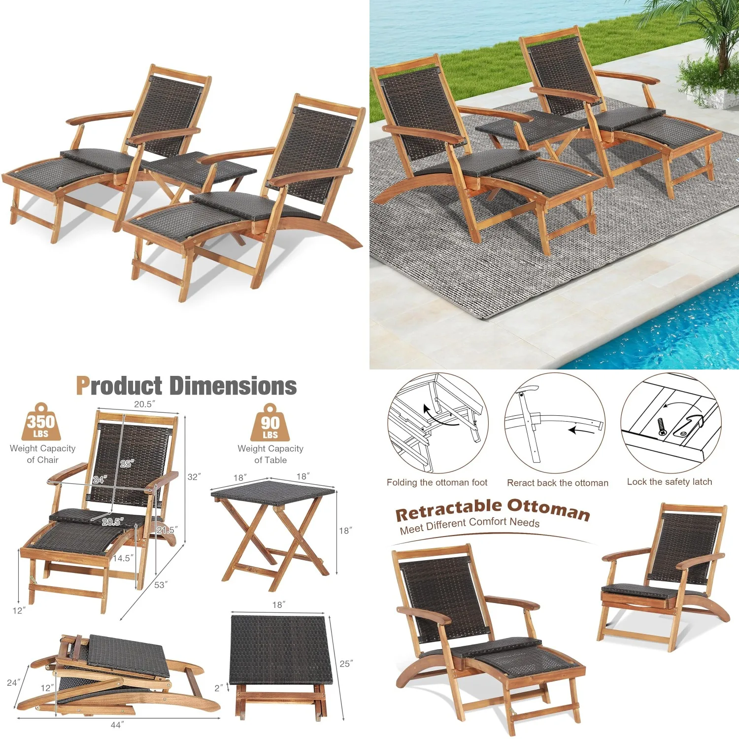 

Acacia Wood Folding Chaise Lounge Set w/ Retractable Footrest Side Table 3pc Outdoor Patio Poolside, Customized