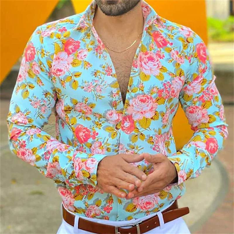 Noble ball business shirts men\'s shirts flowers 3D printed shirts casual long-sleeved button clothing fashion summer S-6XL