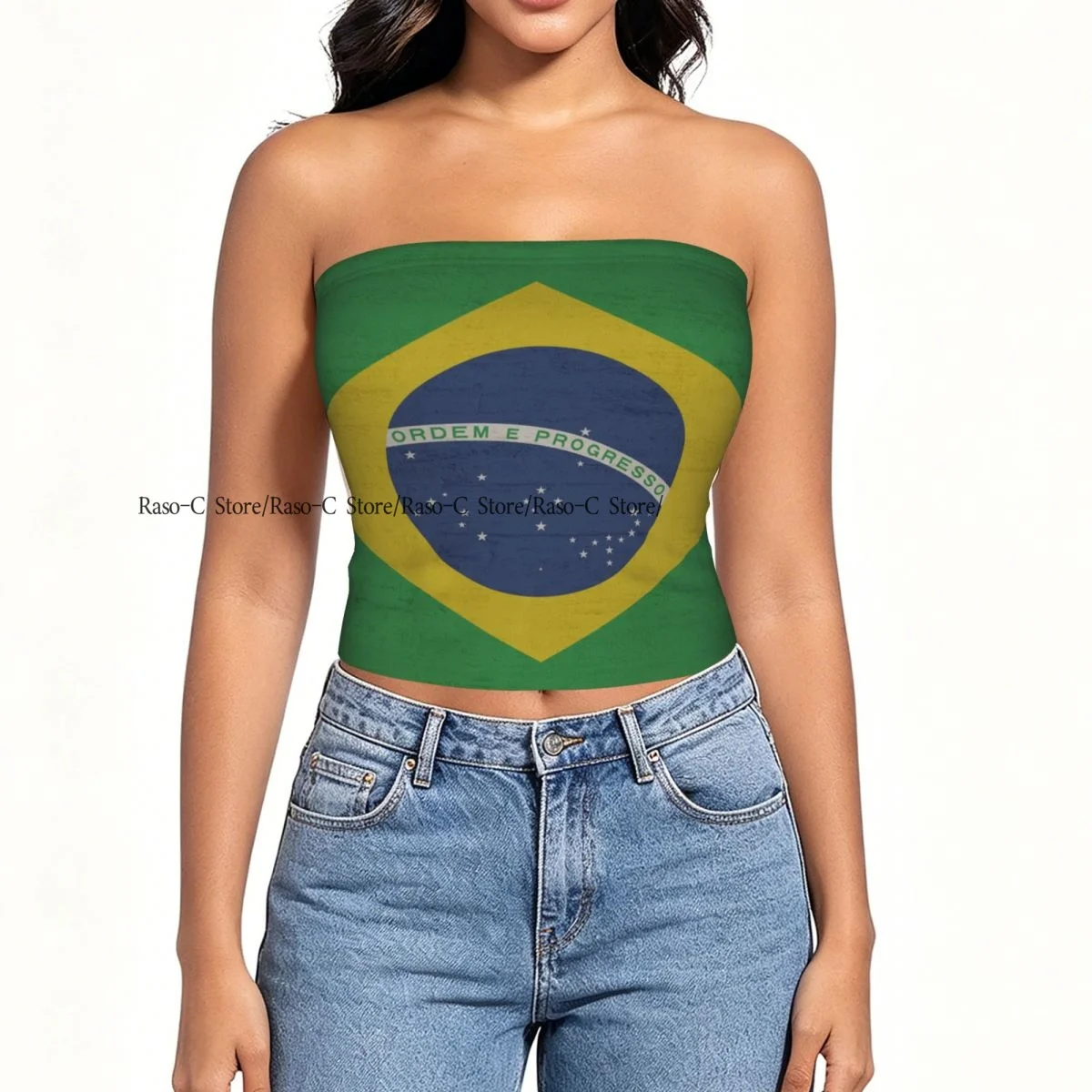 Women Block Crop Slim Tube Top Brazil Flag Vintage Strapless Top For Summer Female Clothing