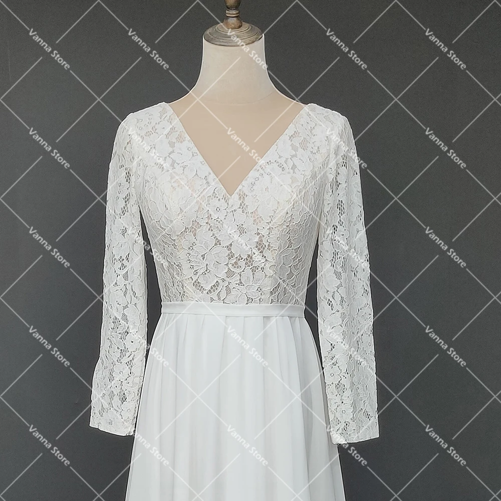 Vestido de novia de gasa con cuello en V alto de manga larga, vestido de novia de playa, línea A, encaje Floral sin espalda, elegante, tren de cepillo, envío directo