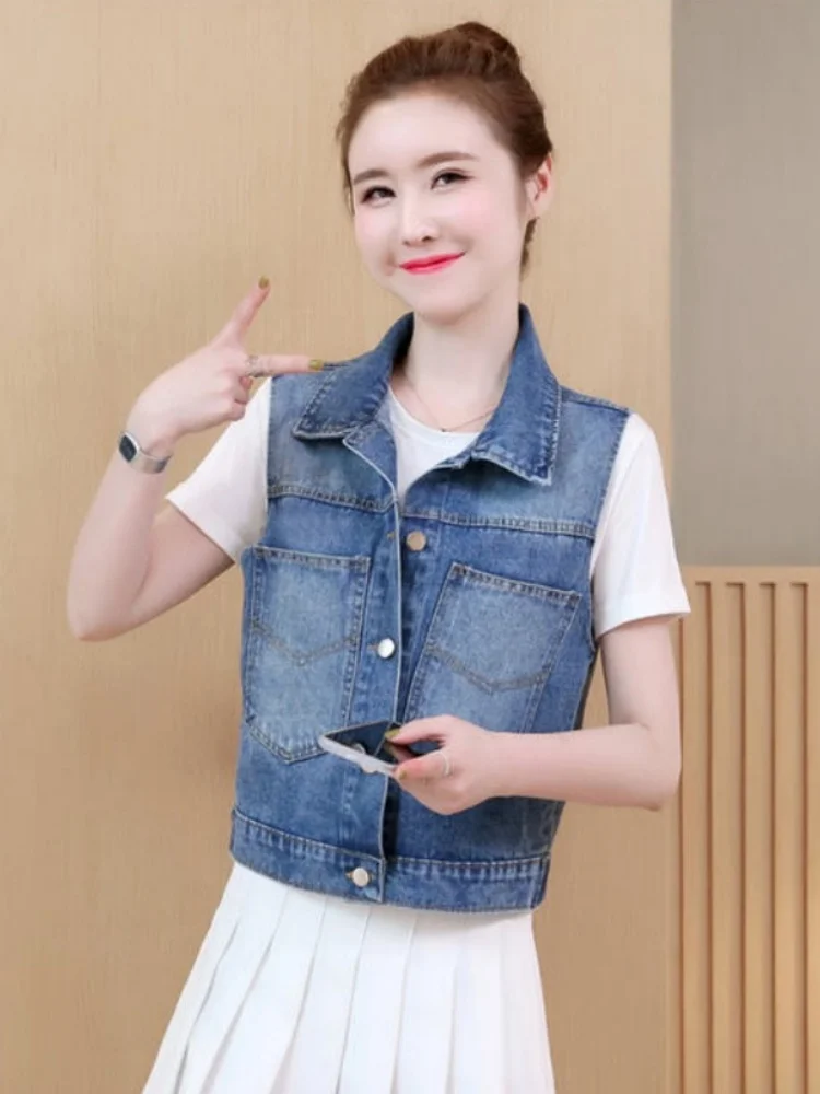 Light Blue Denim Vest Women's Spring Autumn Loose Casual Versatile Short Sleeveless Tank Top Coat City Commute Style Standard...