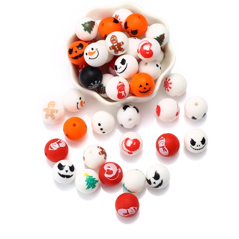 15mm Round Print Pattern Silicone Beads 10Pcs Christmas Day Halloween Teether Chew Beads For DIY Necklace Pacifier Chain