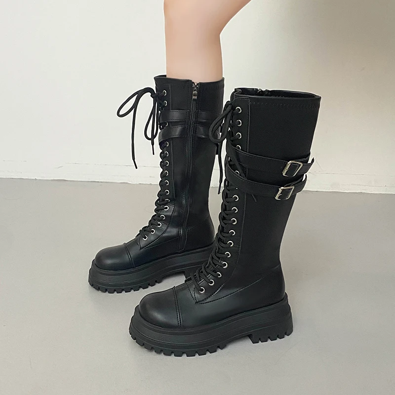 Spring and Autumn Women's Thick-soled British Style Buckle-decorated Mid-calf Boots 2026 New Anti-slip Lace-up Tight Knight Boot