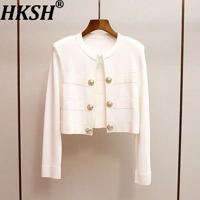 

HKSH Spring Autumn New Women's Short Coat Buttoned Round Collar Long Sleeve Elegant High-end Casual Ins Knitted Cardigan HK14108