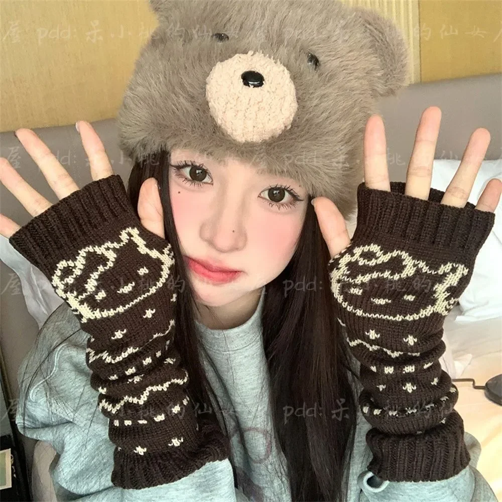 Miniso Hello Kitty Fingerless Gloves Anime Autumn Winter Knitted Warm Gloves Jacquard Outdoor Cycling Warm Half Finger Gloves