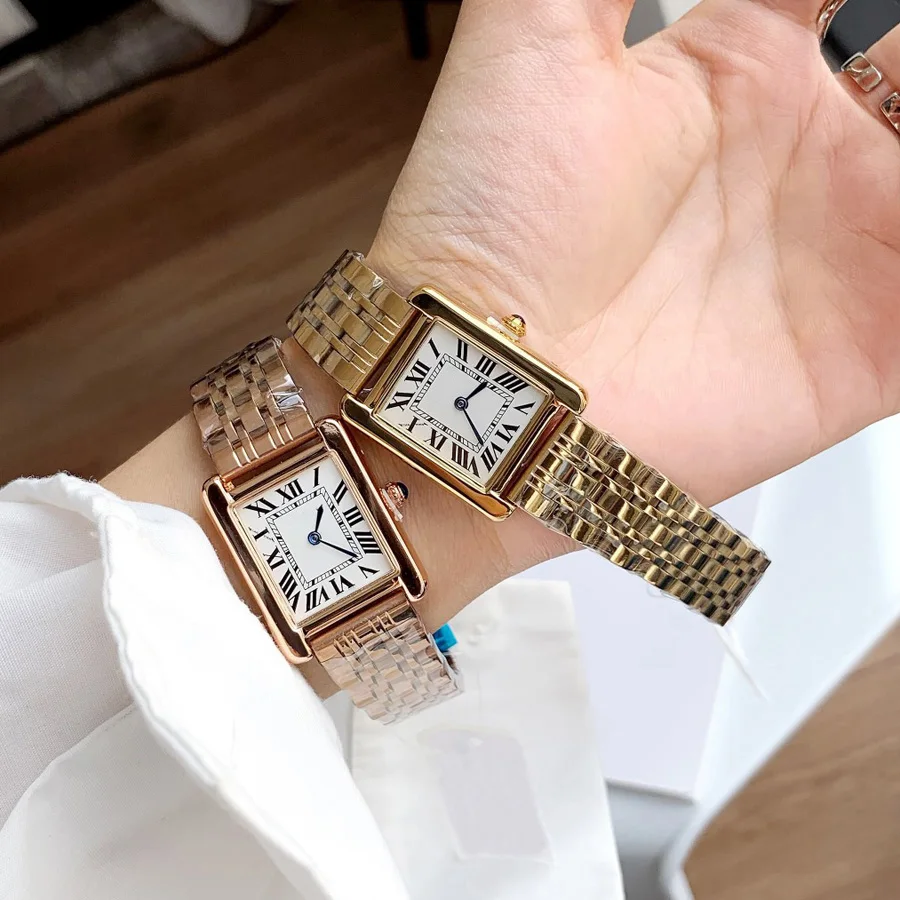 أزياء العلامة التجارية ساعات المعصم امرأة فتاة جميلة مستطيل 27mm نمط الكوارتز الصلب المعادن الفرقة الفاخرة ساعة CA64