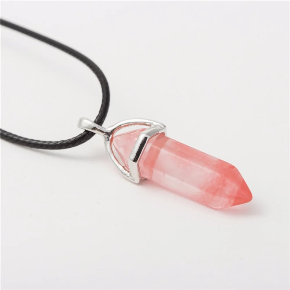 New Hexagonal Column Natural Stone Choker Necklaces Vintage Pink Purple Crystal Pendent Necklace for Women Leather Chain Jewelry