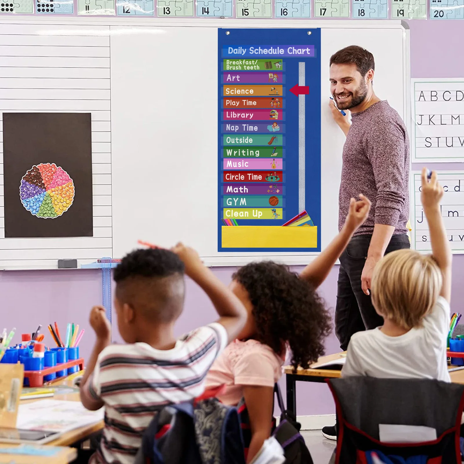 Kids Daily Schedule Pocket Chart Classroom Schedule With 31 Cards 131 Pockets Weekly Schedule Chart With 10 Blank Double-Sided