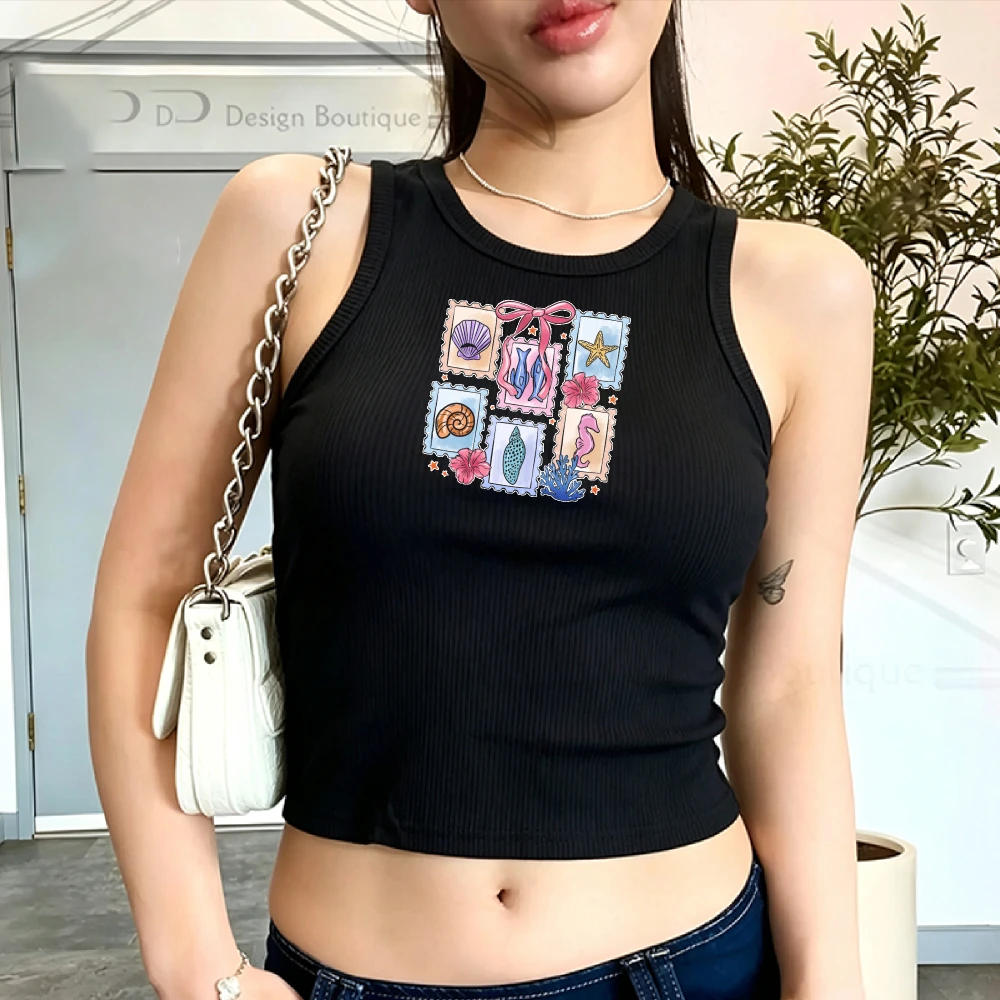 Seashell Starfish Coral Ribbed Crop Top Tank Style Fitted Summer Beach Coastal Aesthetic Trendy Jellyfish Seahorse Fish Tops
