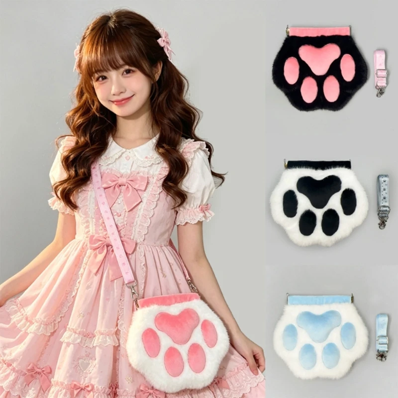 Soft Plush Animal Paw Crossbody Bag Women Casual Shoulder Bag with Adjustable Strap for Cosplay Photo Props Daily Wear
