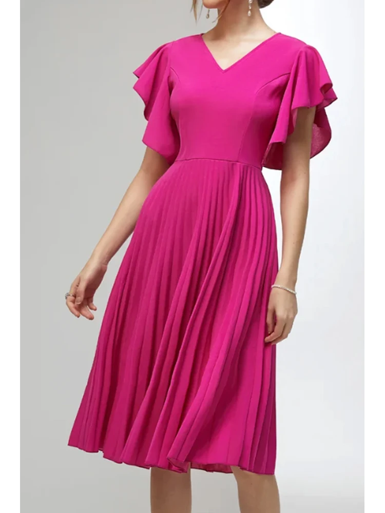 Elegancka plisowana sukienka damska A-Line V-neck Ruffle Sleeve Casual Plus Size Summer Party Club Wedding Guest Cocktail Midi Dresses