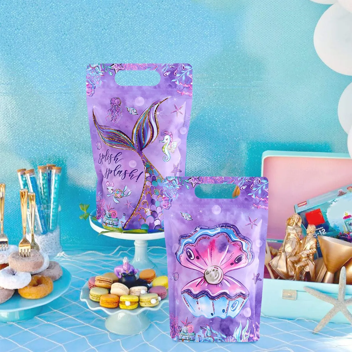 10/20 Stück Meerjungfrauen-Stehbeutel mit Meeresmotiv, Süßigkeiten- und Snack-Geschenkverpackungsbeutel für den 1. Geburtstag, Hochzeitsfeier, Dekoration – Detail 8